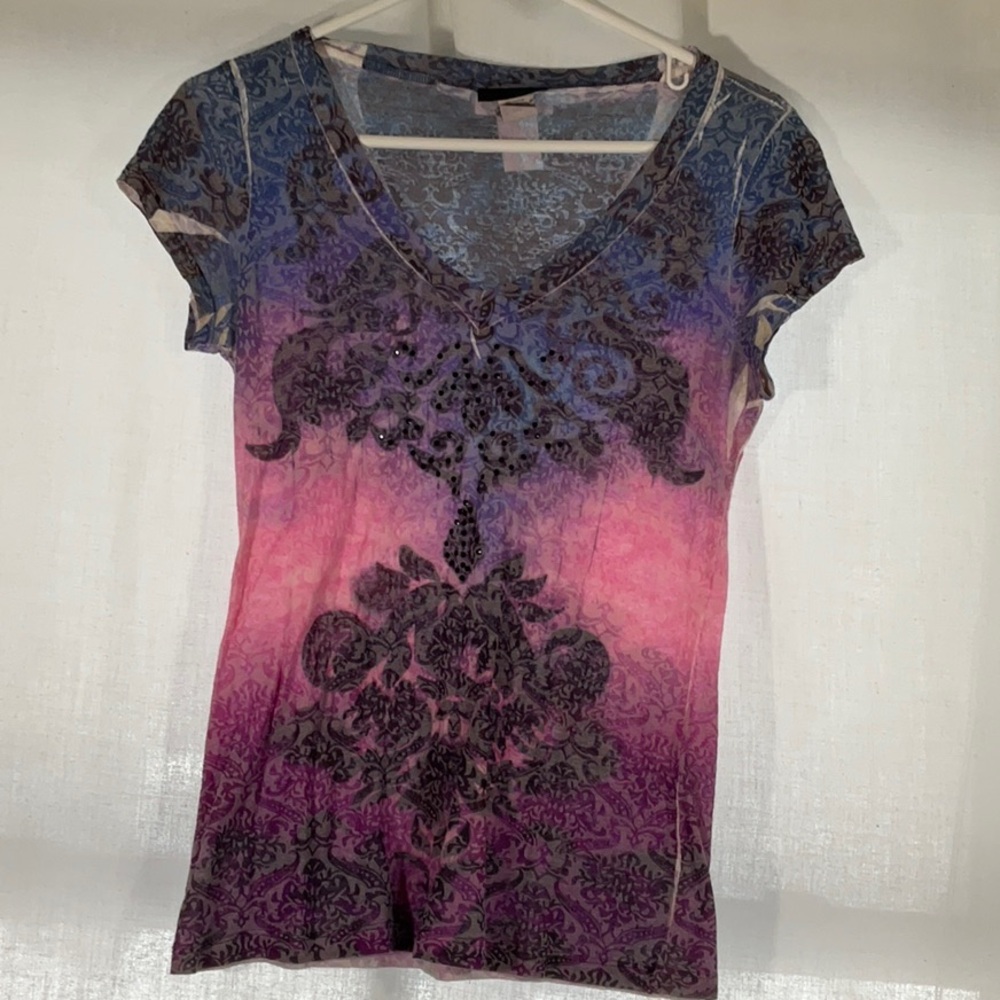 Purple and Black Patterned VNeck Top-Size L Juniors